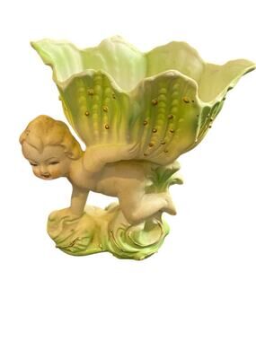 Vintage SJB Handpainted Ceramic Cherub Floral Vase Planter 4.75"